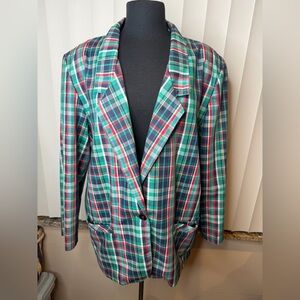 Alfred Dunner Vintage Green Red Plaid Blazer Shoulder Pads Suze 18 Woman